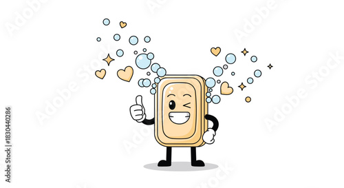 A happy cartoon bar of soap character winks and gives a thumbs-up, accompanied by floating bubbles, hearts, and sparkling stars, representing cleanliness and positive vibes.