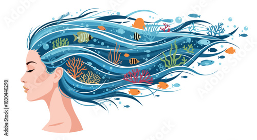A beautiful woman's profile with flowing blue hair that transforms into an vibrant underwater seascape filled with colorful fish, corals, and marine plants, symbolizing connection to nature.
