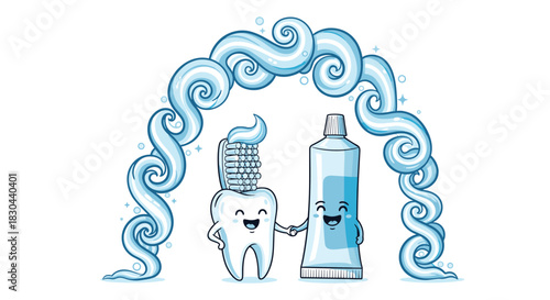 Cute cartoon tooth with a toothbrush and a smiling toothpaste tube holding hands under a decorative toothpaste foam arch, symbolizing friendship and good dental hygiene.