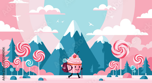 A delightful animated cupcake, equipped with a backpack and walking stick, embarks on a whimsical hiking adventure through a vibrant candy-filled mountain landscape.