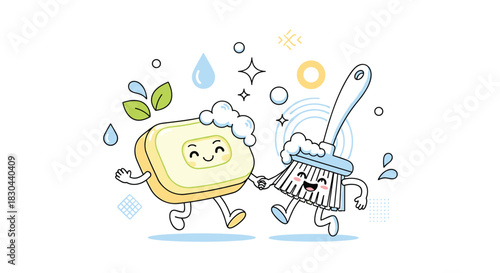 Happy cartoon soap bar and scrub brush characters walk together, symbolizing cleanliness, hygiene, and fresh, effective cleaning solutions with joyful energy.