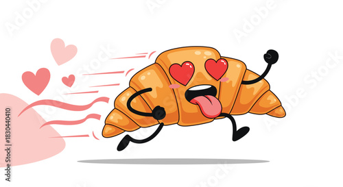 A cheerful, enamored croissant cartoon character with heart-shaped eyes and tongue out, enthusiastically running forward with love hearts and motion lines trailing behind it on a white background.