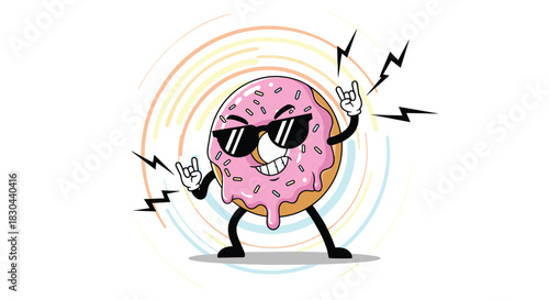 A cool anthropomorphic donut character with pink icing and sprinkles, wearing sunglasses and making rock-and-roll hand gestures, radiating a vibrant, energetic, fun rock star vibe.
