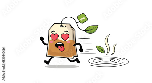 An excited cartoon tea bag character with heart-shaped eyes runs with its tongue out towards a steaming ripple of hot water, anticipating infusion.