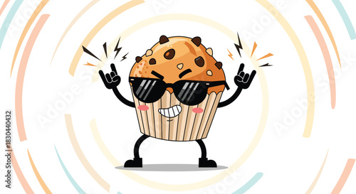 An energetic and cool cartoon chocolate chip muffin character, wearing stylish sunglasses and making enthusiastic rock-and-roll hand gestures, against a vibrant background.