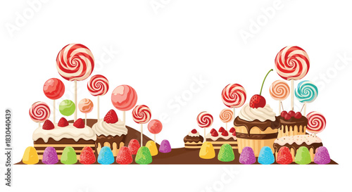 A whimsical and colorful candy land illustration featuring cakes, cupcakes, lollipops, and jelly candies arranged in a sweet landscape on a white background.