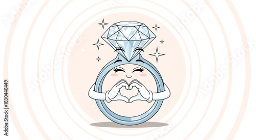 A charming, cartoon diamond engagement ring character forming a heart with its hands, sparkling with happiness and love, ideal for romantic celebrations and commitment.