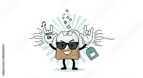 A cool, cartoon tea bag character wearing sunglasses makes rock and roll hand gestures and says 'Rock On,' exuding energetic and fun attitude.