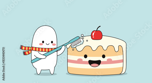 A cute cartoon tooth character, wearing a striped scarf, diligently brushes a happy slice of cake topped with a cherry, illustrating the importance of dental hygiene even after sweet treats.