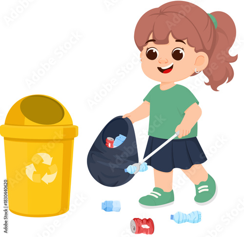 Illustration of Girl Picking Up Litter