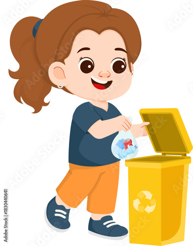 Illustration of Girl Throwing Trash in Recycling Bin