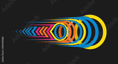 A vibrant abstract design features a dynamic progression of colorful circles and arrow shapes, creating a powerful visual representation of speed and forward motion.
