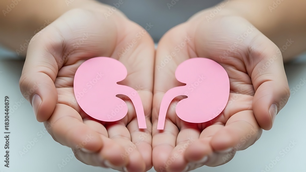 Obraz premium Human hands gently holding two pink paper cutouts representing healthy kidneys