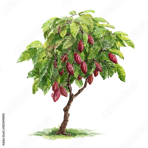 Isometric watercolor graphic of Cacao Tree, neatly isolated on white background.