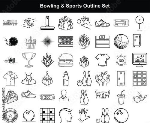 Diverse set of bowling and sports outline icons for recreational and athletic activity graphics