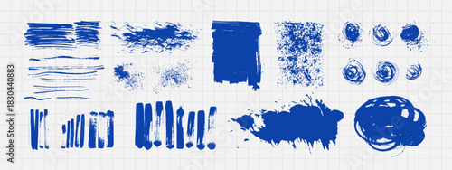 Abstract ink blob set, grunge art. Blue paint stroke texture set in scribble style. Hand drawn vector isolated illustration on notebook background