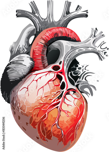 Detailed heart illustration for medical, educational, and healthcare contexts. Conveys vitality and cardiovascular health in a modern, informative design. Originally vector graphics.
