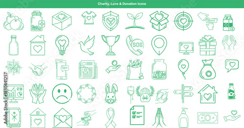 Extensive collection of outline icons representing charity, love, community support, and humanitarian donation concepts