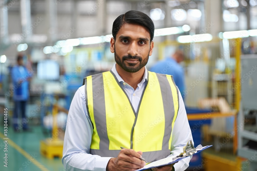 Fototapeta premium Manufacturing plant manager reviews production floor with clipboard and focus