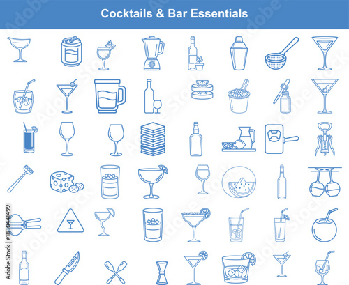 Extensive set of cocktail and bar essential line icons for beverages, mixing tools, and serving glassware