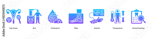 Essential Diagnostic Procedures web banner icon vector illustration featuring Pap Smear, BMI, Cholesterol, X-Ray, Arterial, Temperature, and Dental Checkup as core preventive health measures.