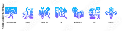 Advanced Medical Assessment web banner icon vector illustration featuring Cardio Exercises, Syphilis, Thyroid Test, CBC, Neurological, MRI, and Obstetrics for in-depth health insight.