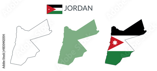 Jordan geographical borders isolated on white background. Flag of Jordan. Vector flat cliparts.