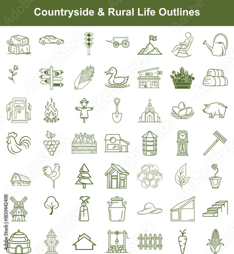 Outline icons representing countryside elements and objects from rural village life