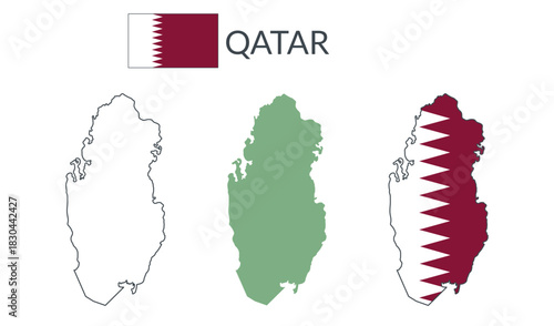 Qatar geographical borders isolated on white background. Flag of Qatar. Vector flat cliparts.
