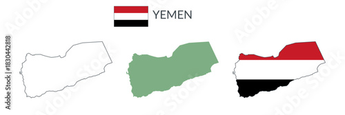 Yemen geographical borders isolated on white background. Flag of Yemen. Vector flat cliparts.
