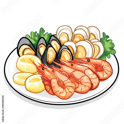Delicious seafood platter featuring mussels shrimp and eggs ready to eat