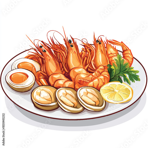 Delicious seafood platter with cooked shrimp clams and salted egg.