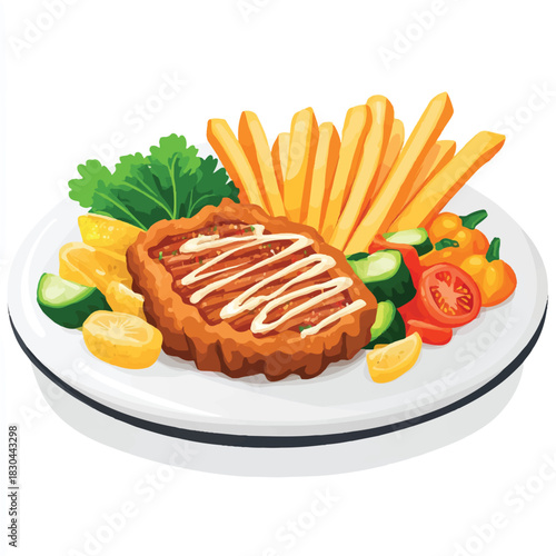  Delicious Steak and Fries Meal with Fresh Salad on a White Plate.