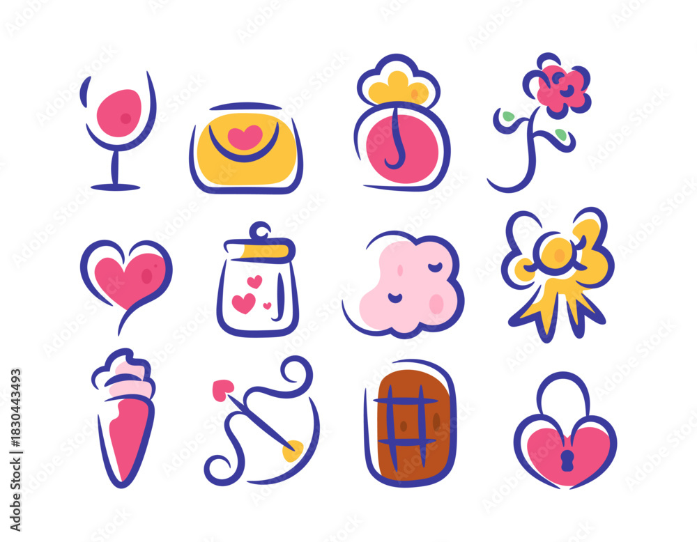 Fototapeta premium A collection or set of illustrations of symbols or icons on the theme of Valentine's Day. elements of celebration, event, festival, party, valentine. Flat style design. White background.
