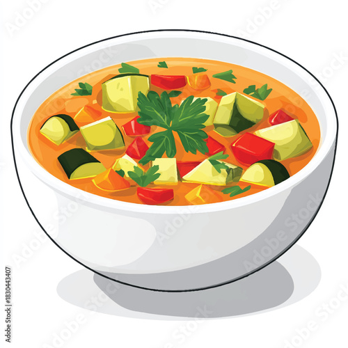 Delicious vegetable soup in a white bowl ready to eat.
