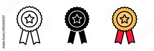 Achievement badge icon featuring a circular or shield shape with a star or ribbon in the center. Flat vector illustration, created in outline, filled, and color style.