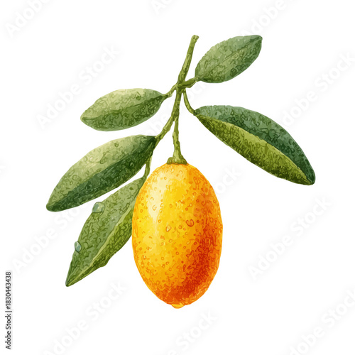 Isometric watercolor rendering of Kumquat, isolated on a clean white background.