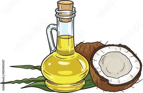 Coconut pieces and a bottle of oil vector illustration.