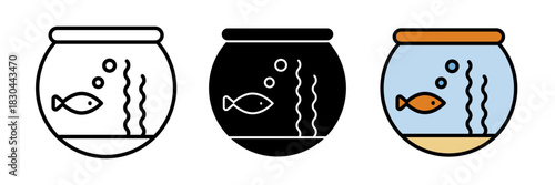 Aquarium icon featuring a rectangular tank with water, a few fish, and simple decorative elements like plants or bubbles. Flat vector illustration, created in outline, filled, and color style.