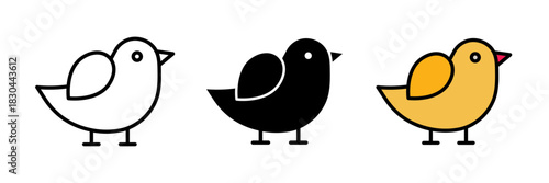 Bird icon featuring a simple side view of a bird with wings and a beak. Flat vector illustration, created in outline, filled, and color style.
