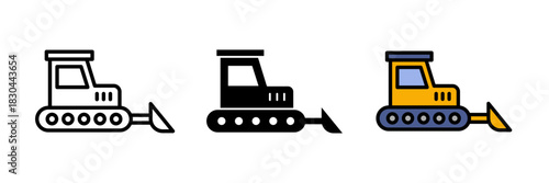 Bulldozer icon featuring a tracked vehicle with a front blade. Flat vector illustration, created in outline, filled, and color style.