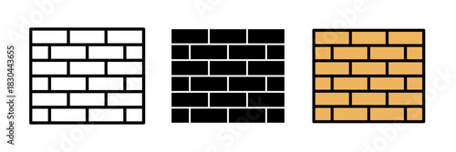 Brick wall icon featuring a simple rectangular pattern of stacked bricks. Flat vector illustration, created in outline, filled, and color style.