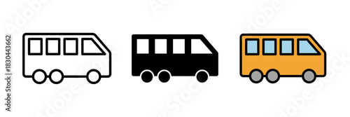 Bus icon featuring a side view of a bus with windows and wheels. Flat vector illustration, created in outline, filled, and color style.