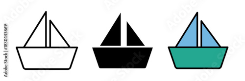Boat icon featuring a simple side view of a boat with hull and sail or cabin details. Flat vector illustration, created in outline, filled, and color style.