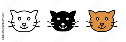 Cat icon featuring a simple side or front view of a sitting cat with pointed ears and tail. Flat vector illustration, created in outline, filled, and color style.