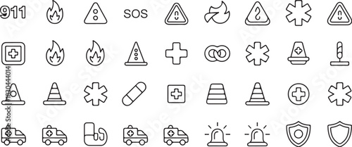 Emergency icon set. Related SOS, safety, alarm, urgency, warning. Editable stroke. Vector illustration.