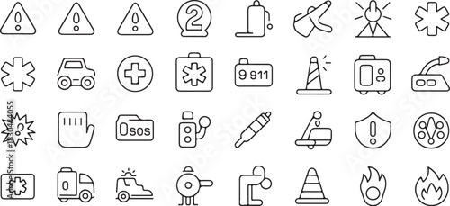Emergency web icons in line style. Featuring accidents, natural disasters, rescue services, emergency signals, and more. Outline Icon Collection. Vector illustration. Editable stroke.