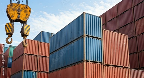 Cargo containers stacked high, with a crane hook overhead