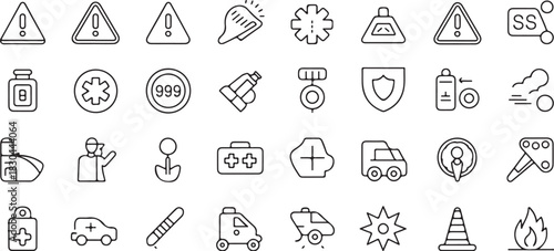 Emergency web icons in line style with editable stroke, featuring danger, warning, emergency response, 911, paramedic, accident, alert, safety, sos, cone, fire. thin linear vector illustration.