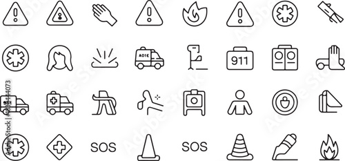 Emergency web icons in line style with editable stroke, featuring danger, warning, emergency response, 911, paramedic, accident, alert, safety, sos, cone, fire. thin linear vector illustration.